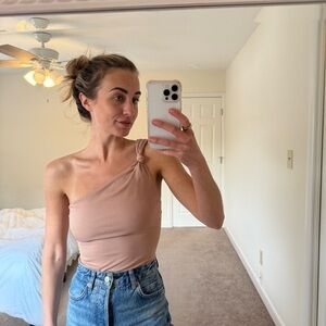 Lovers + Friends Tan Asymmetrical Sleeveless Bodysuit